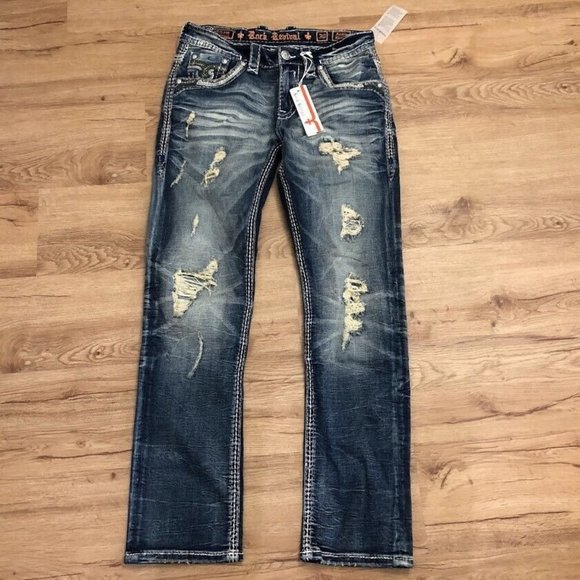 Rock Revival Armie Relaxed Straight Distressed Denim Jeans Men’s Size 40x32